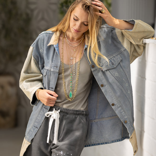 Dominique Cohen two-tone vintage denim barn jacket with corduroy collar and hand-stitched embroidery; shop the look > emerald city<span class='visuallyhidden'>; shop help at 760-978-9297.</span>